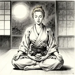 of a takashi okazaki style pencil and ink manga drawing of scarlett johansson meditating in the middle of a dojo with dramatic moonlight coming in through the window.