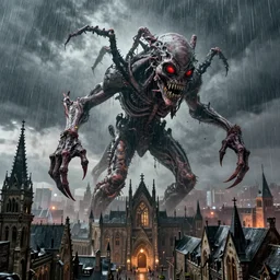 Found footage of a giant abomination standing above a gothic city, painting, dramatic lighting, raining, high detail, photo-realistic