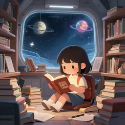 student a young girl reading a book in a cluttered library inside a futuristic spacecraft with views of the universe, kawaii, chris moore, trending on artstation