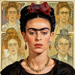 realistic detailed portrait of frida kahlo by denis villeneuve, amano, yves tanguy, alphonse mucha, ernst haeckel, max ernst, roger dean, ridley scott, dynamic closeup