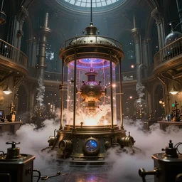inside steampunk science laboratory, edwardian architecture, steampunk interdimensional portal generator, steam, clouds, sparks, in the style of Alex Ross, octane render, cinematic, highly detailed, moody lighting