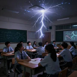 High school students observing a rare sighting of ball lightning during physics class, photography