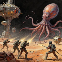 space soldiers shoot at giant alien squids on martian space stations, colored pencil, highly detailed, deep aesthetic, highly ornate intricate details, cinematic lighting, rich colors, ray tracing, hyperrealistic, cinematic landscape, art by artgerm and mizutani shion