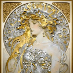 Goth girl, fractal silver and gold sculpture by Alphonse Mucha