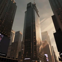 huge modern downtown city, billboards, Times Square, dark, concept art, digital painting, style of jordan grimmer, warm lighting, futuristic, volumetric lighting, view from below, daytime, godrays , high detail