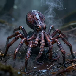 a dark creature looking like a mix of a spider and an octopus. covered in oil and slime, with toxic dark fumes. ultra - realistic, 4 0 mm, detailed.