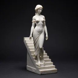 female statue made of stairs, studio light, dark background, 3 5 mm photography