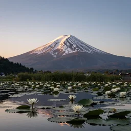 professional photo of a snow topped mountain lit by the sunset, pond of lily, realistic