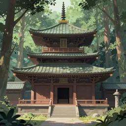 a simple concept art portrait of an ancient temple in the forest, an award winning yoshitaka amano digital art poster, by, james gurney and gerhard richter. art by takato yamamoto. masterpiece, deep colours.