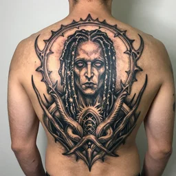 a man with a wiz khalifa tattoo on his back, a tattoo by richard mortensen, reddit contest winner, primitivism, tattoo, lovecraftian, intricate