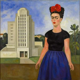artwork of a building and humanoid in a nice scenery by frida kahlo,