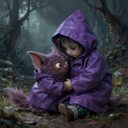 Little nightmares, purple raincoat, cuddling her gremlings, painted by raymond swanland