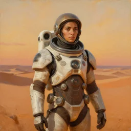 a young dejah thoris on mars wearing space armor, after a battle, close portrait, sand dunes to the horizon, sunset, oil painting on canvas, artstation, by sargent and lane brown