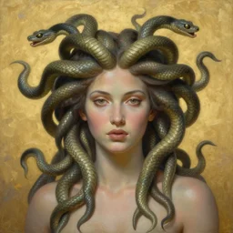 breathtaking soft painting of medusa with snakes in hair in a golden sky, realistic symmetrical face features, rembrandt style, elegant, highly detailed, artstation, concept art, matte, sharp focus, art by tom bagshaw, and greg rutkowski