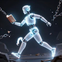 glowing robotic humanoid running with a glowing book, pulling against broken chains