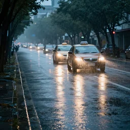 an empty raining street with a taxi coming down the road with bright headlights, cinematic lighting