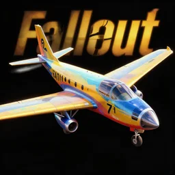 Fallout Airplane Concept Art, black background, vibrant colors, 8k photorealistic, HD, high details, trending on artstation