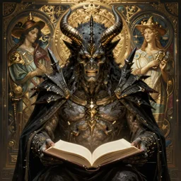 demon harbinger of revelations reading from the book of life and death, highly detailed, raytracing, subsurface scattering, digital render, artstation, concept art, cinematic lighting, illustration, art by artgerm, greg rutkowski and alphonse mucha