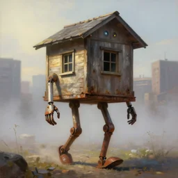 a walking wood house with two mechanical legs and two glowing eyes and two hands, rust, hyperrealistic, pareidolia, highly detailed, cinematic, single ray of sun, fog, city in background, beautiful, cgssociety, artstation, 8 k, oil painting