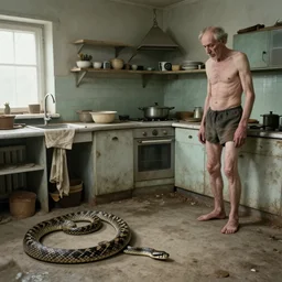 a big snake and a old skinny man in a dirty old stalinist style kitchen, mini dv camera found footage, very very low quality picture, heavy grain, caught on security camera, heavy jpeg artifact, night vision very blurry, caught on trail cam, 1 4 4 p, ultra wide lens