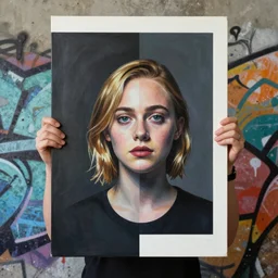 Elle Fanning holding a kabar picture by Sachin Teng, asymmetrical, dark vibes, Realistic Painting , Organic painting, Matte Painting, geometric shapes, hard edges, graffiti, street art:2 by Sachin Teng:4