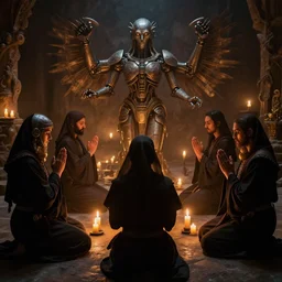 a group of cultists who worship the spirit of the machine, engaged in prayer to the Machine Spirits, candle light