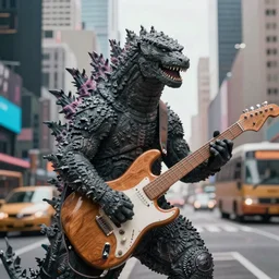 a high quality photo of  Godzilla playing electric guitar, in New York city, render, ultra realistic, cgsociety