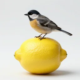 a close up of a lemon with a bird on top of it, a character portrait by rene magritte, behance contest winner, generative art, rococo, booru, physically based rendering