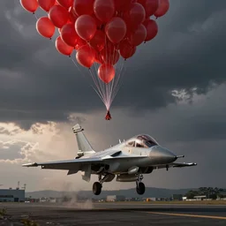 fighte jet shooting down a flock of red balloons