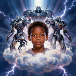 upper half portrait of an african boy inside a group of clouds, mecha robots behind - surrounded by bolts of lightning with rays of light emanating from clouds - in drew struzan movie poster style, art by drew struzan, highly detailed, digital painting, ray tracing, illustration, smooth, sharp focus, intricate, symmetry, artstation,