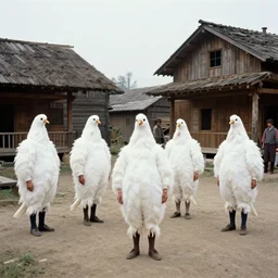 realistic documentary photo of a group of people wearing white pigeon costumes in a wooden village 1 9 9 0, life magazine reportage photo, neutral colors, neutral lighting