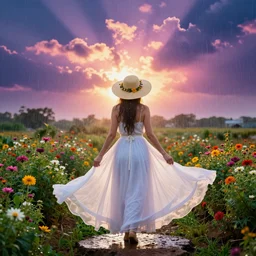 woman in a flower garden, rainy, brilliant god rays, vibrant colorful twilight clouds, diaphanous skirts, sunhat with flowers, hearthstone, by conrad roset,