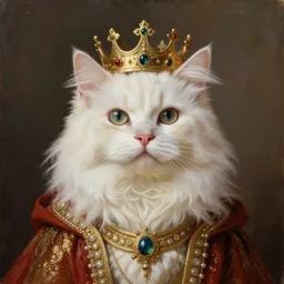 “an oil painting portrait of a Persian Cat wearing medieval royal robe and an ornate crown on a dark nebula background” digital Art, concept Art, highly detailed, 3-D 4K, trending on art station, Award winning, Mark Brooks,