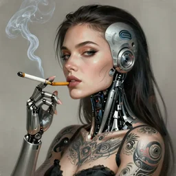 concept art by artgerm, attractive and very tattooed female i robot smoking a cigarette, close - up portrait, soft natural light, intricate, highly detailed, digital painting, artstation, concept art, smooth, sharp focus, illustration, art by greg rutkowski and luis rollo and uang guangjian and gil elvgren, symmetry!