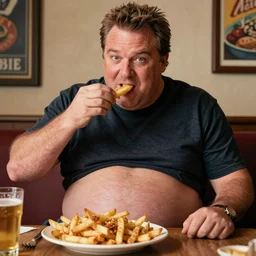 guy fieri with a massive red bloated gut eating a plate of fries, detailed realistic