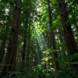 Thick forest, foliage, tall trees, crepuscular rays, digital art, trending on artstation