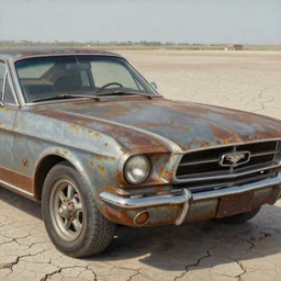 closeup of rusty mustang, full car, weathered, desert, cracked dry lake bed, by Zdzislaw Beksinski, Norman Rockwell, al duke, Valter de Morais, highly detailed, soft lighting, film grain, 8k resolution, hd, oil on canvas