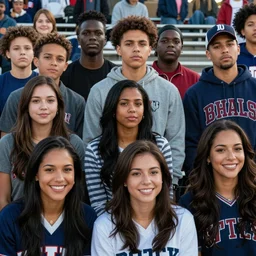 Live Action Still of the cast of The Boondocks attending a college homecoming game, real life, hyperrealistic, ultra realistic, realistic, highly detailed, epic, HD quality, 8k resolution, body and headshot, film still