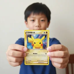 boy showing his pokemon cards to the camera.