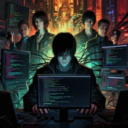 dark cyberpunk man coding, a lot of cables around, full face frontal centered, by ayami kojima, by francis bacon, by amano, by karol bak, greg hildebrandt, by mark brooks, by alex grey, by zdzisław beksinski, by takato yamamoto, wrapped thermal background, artstation, 8 k