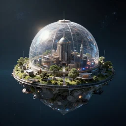 black market artificial island, platform floating in abyssal space, atmosphere dome, mega construction, style theo prins