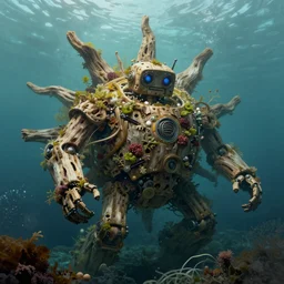 a sunken robot made out of driftwood, overtaken by vegetation and algae, submersed, underwater, by Frank Frazetta, detailed, epic, intricate artstation