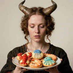 a closeup portrait of a horned woman, holding a plate of weird cookies, lobster cookie, shrimp cookie, jellyfish cookie, by jan van eyck