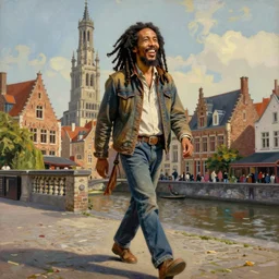 bob marley walking in bruges, painted by scott listfield, sunny, happy