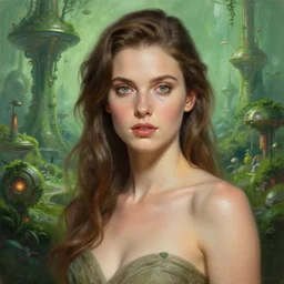 Portrait of alexandra daddario in a lush green space colony, by Anna Dittmann and Ilya Kuvshinov, Nikolay Makovsky, fantasy, high detail, elegant, digital painting, WLOP, natural light, vibrant, intricate, textured skin, highly detailed, artstation, sharp, focus, illustration, Nikolay Makovsky