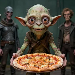 gollum smeagol grotesque holding a pizza up to the camera, ultra detailed, ultra realistic, by beksinski, alejandro jodorowsky, giger, greg rutkowski, carne griffith trending on artstation, deviantart, photorealism