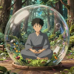 hyperrealist interior shot from howls moving castle ( 2 0 0 4 ) of a grey monk meditating inside cubic bubble in a woodland pyramid valley. bubble. cartoon depth of field.