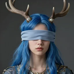 a young female shaman, blue hair and antlers on her head. blindfolded, heilung, in the style of heather theurer, headshot photoshoot, insanely detailed and intricate, beautiful, elegant, cinematic toplight, portrait, headroom, artstation, karol bak, karol bak, karol bak