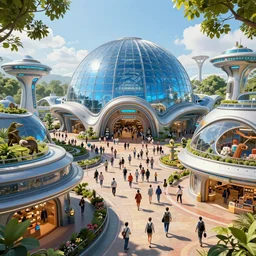 futuristic zoo with huge crowded place, shops and hotels, a blue glass metallic dome in the center, sunny day, trees, hyperdetailed, artstation, cgsociety, 8 k