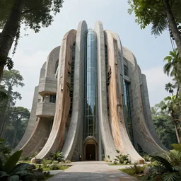 rainforest techno temple designed by h. r. giger, dystopian futurist, apocalyptic : : very realistic representation usign concrete, wood and glass, exterior view